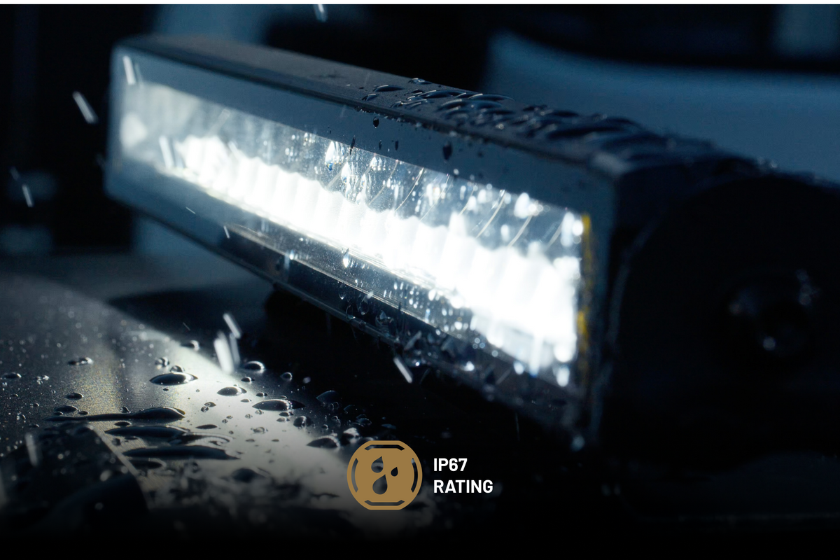 LED light bar with water droplets and IP67 rating icon