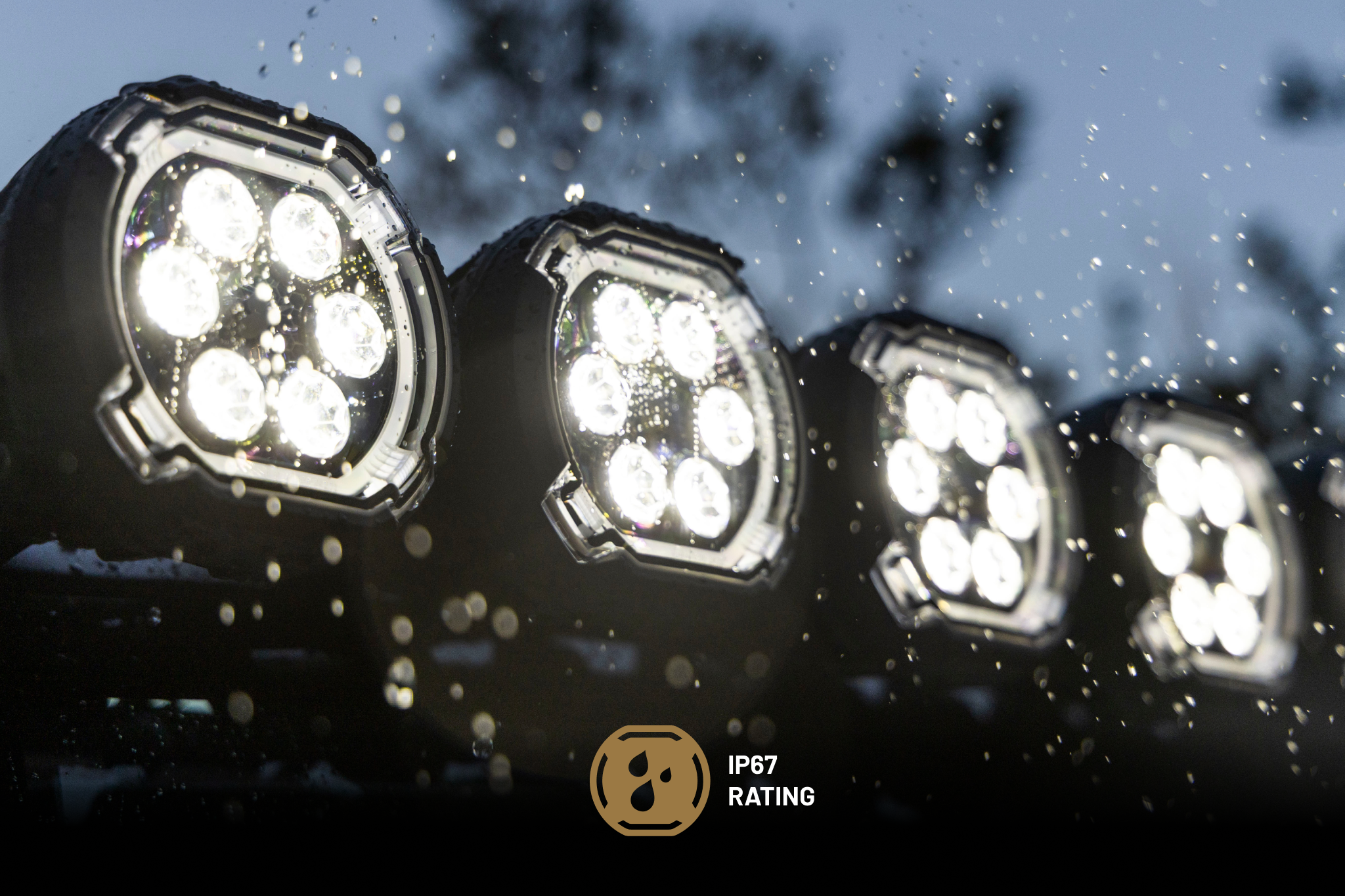 Four round LED off road lights in rain with IP67 rating graphic