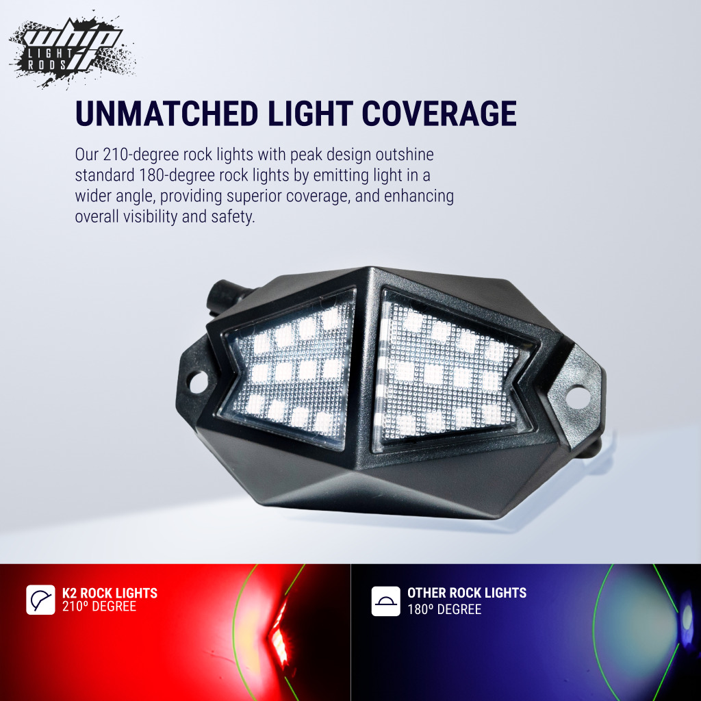 K2 210° Wide-Angle RGB Rock Lights – Bluetooth Control, 300+ Colors