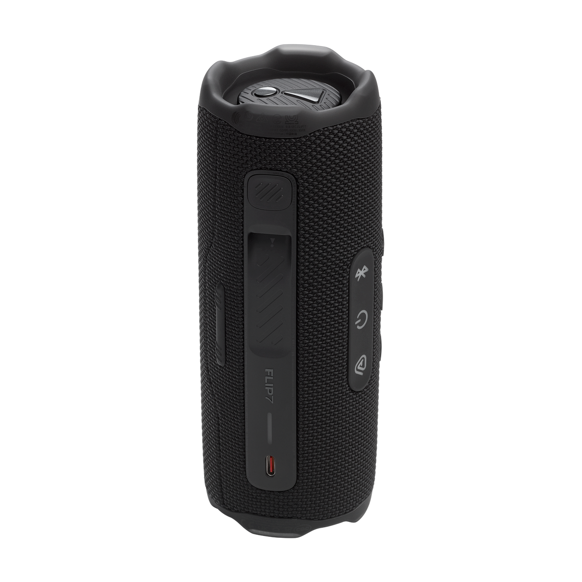 Rear view of black JBL Flip 7 portable Bluetooth speaker