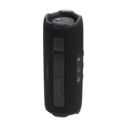 Rear view of black JBL Flip 7 portable Bluetooth speaker