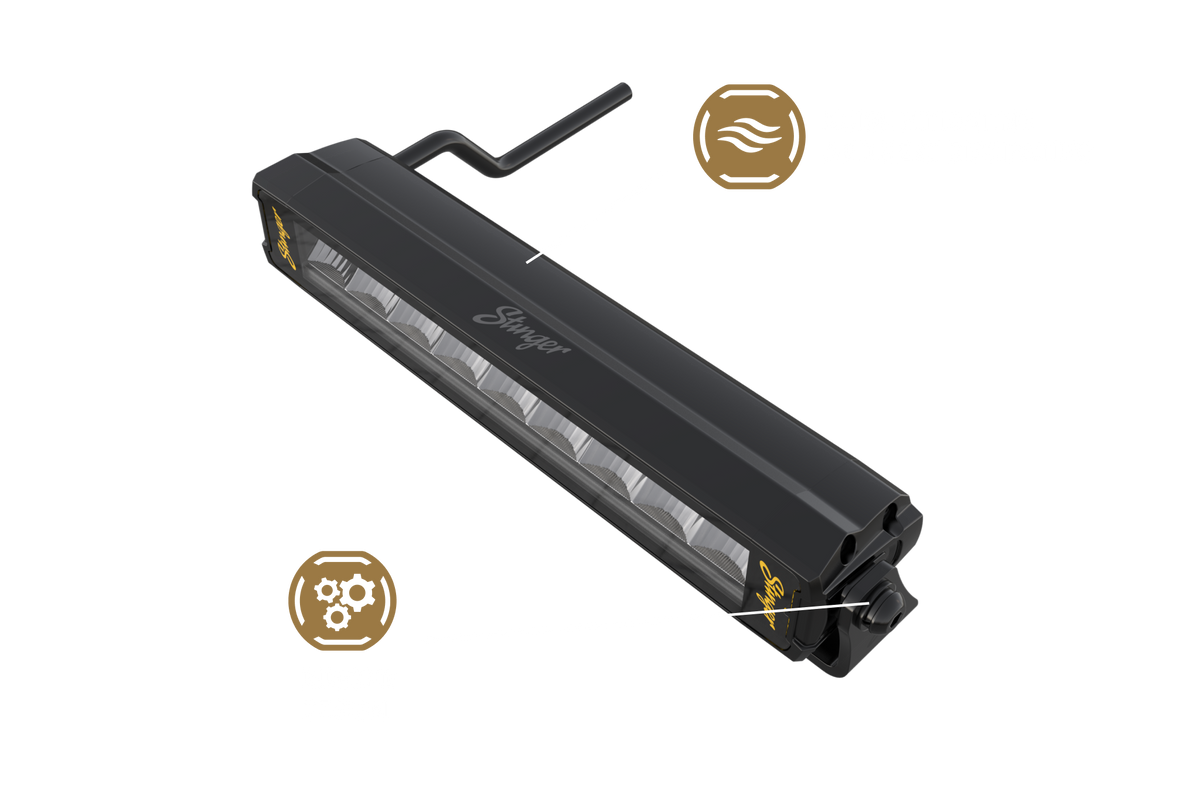 Stinger black LED light bar with airflow and gear icons