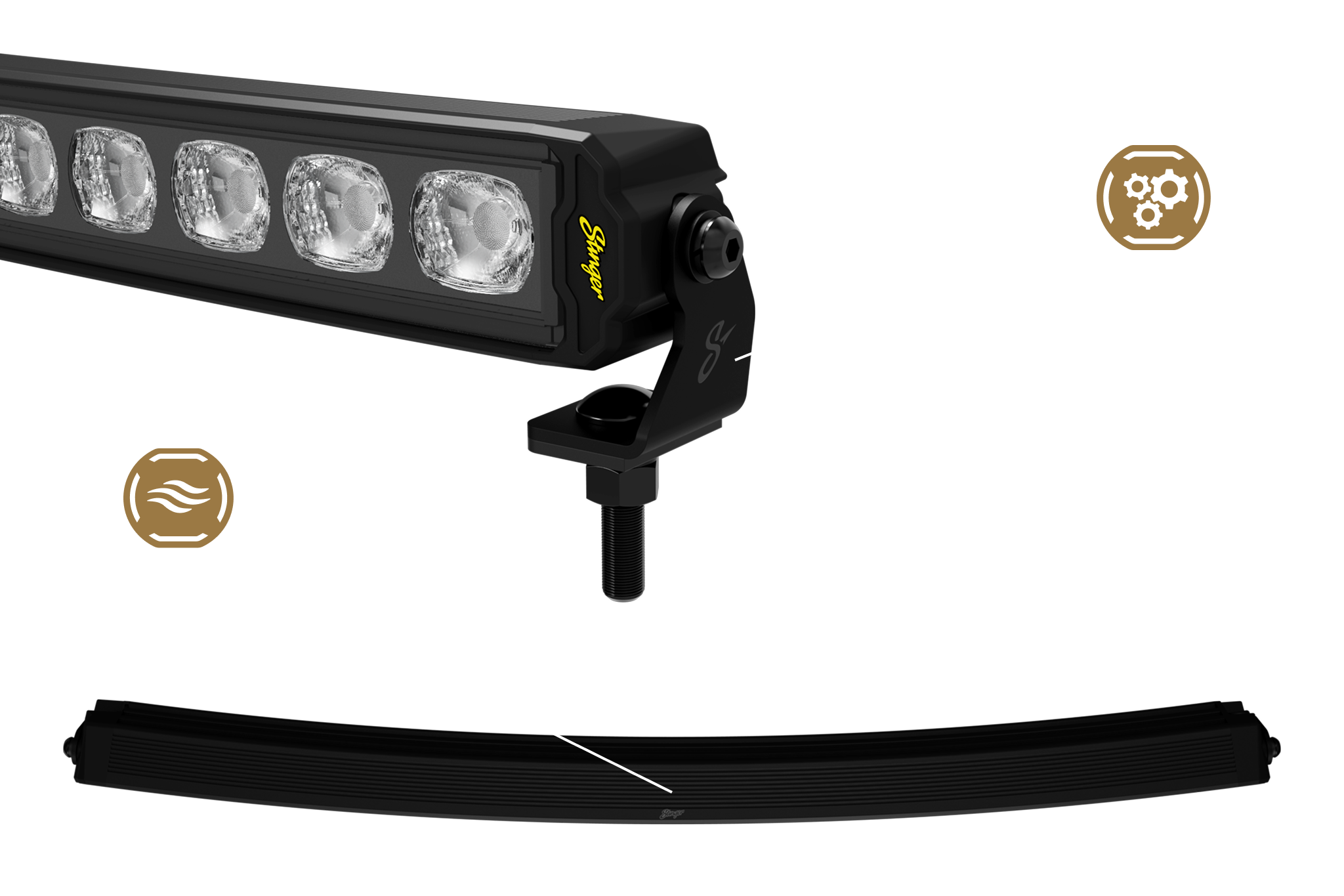 Stinger LED light bar with mounting bracket and gear and airflow icons