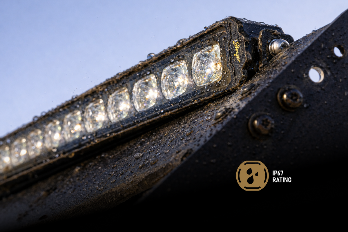 Stinger LED light bar with water droplets and IP67 rating icon