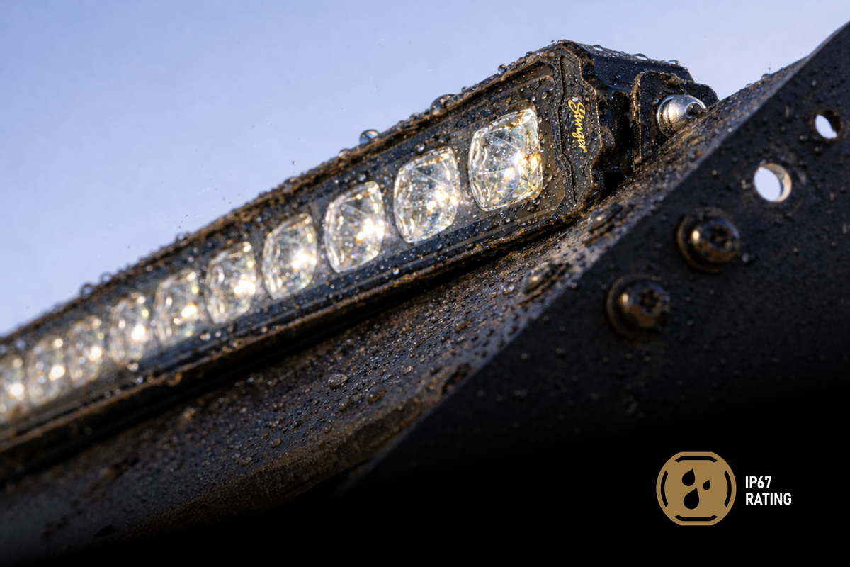 Stinger LED light bar with water droplets and IP67 rating icon