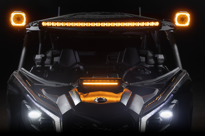 Stinger off road vehicle light bar and pod lights mounted on a black UTV