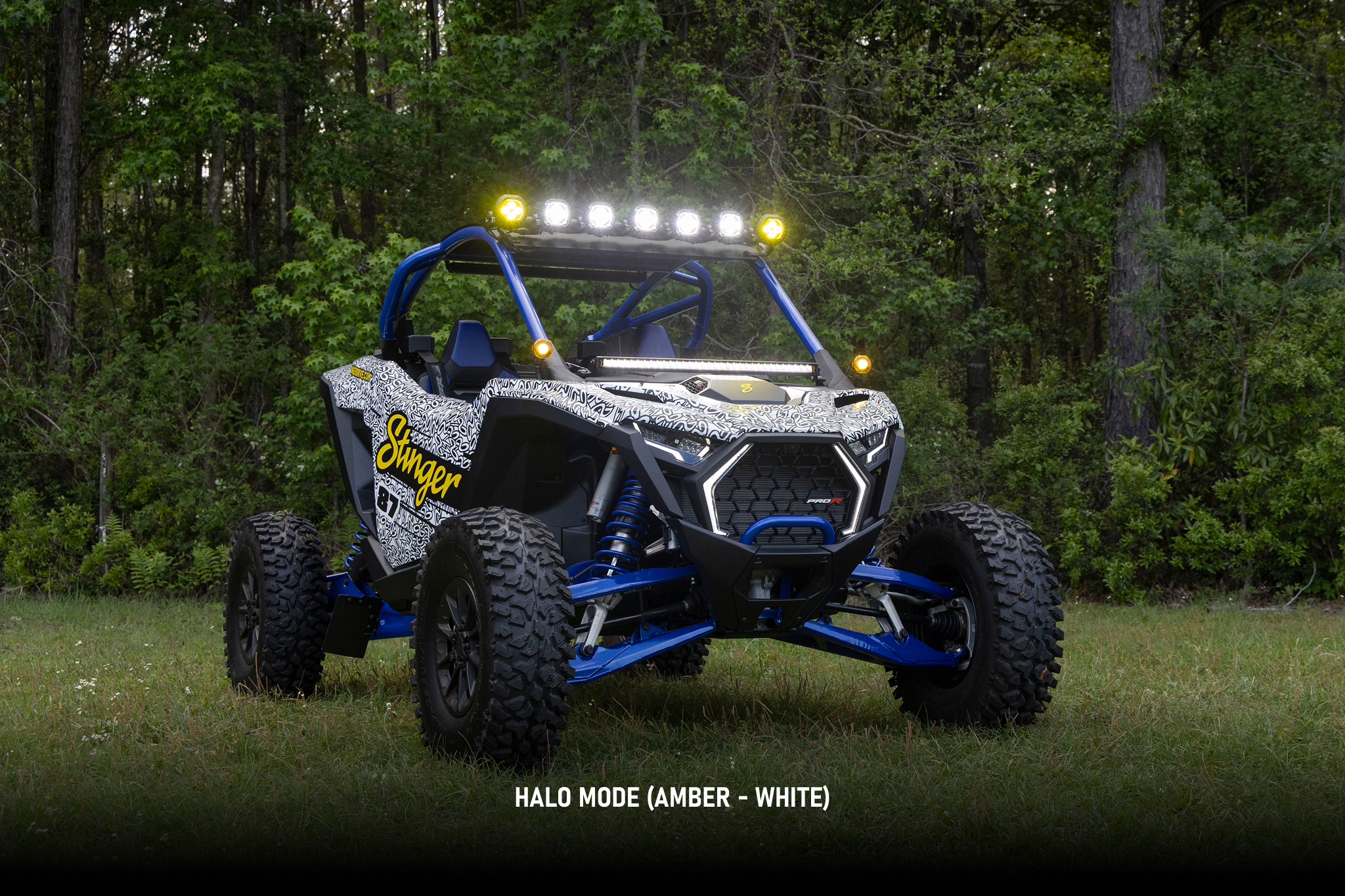 Stinger off road vehicle with roof mounted LED lights in amber and white halo mode