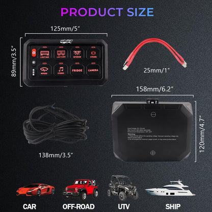 8 Gang Switch Panel – LED Backlit Universal Control System (UTVs, ATVs, Trucks, Boats)
