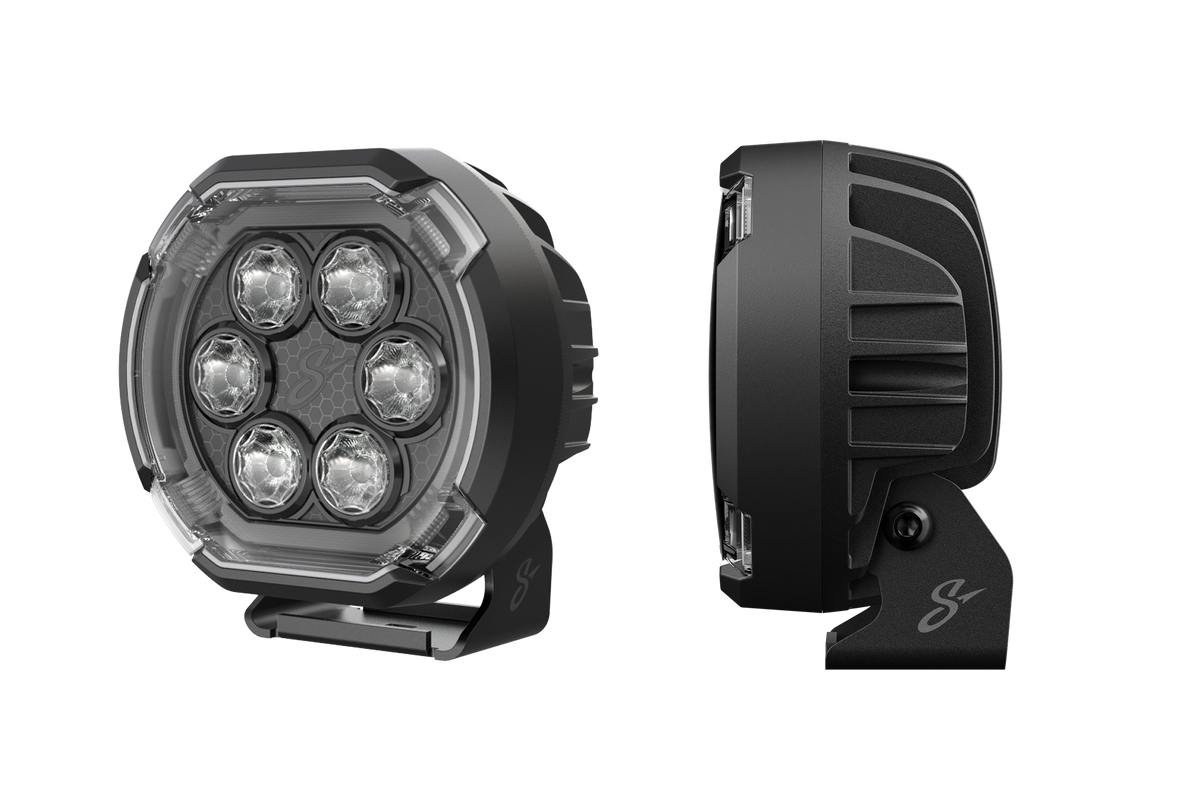 Stinger round LED off road light shown from front and side angles