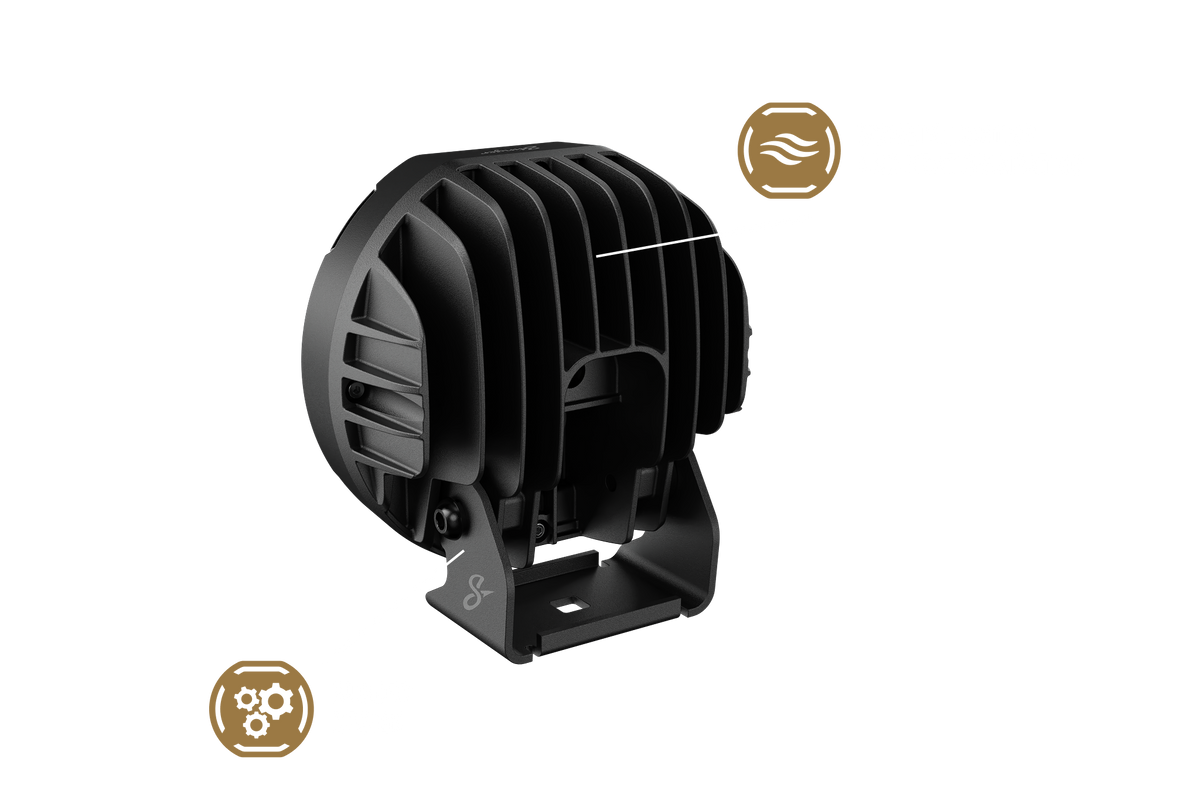Stinger LED light pod rear view with cooling fins and mounting bracket