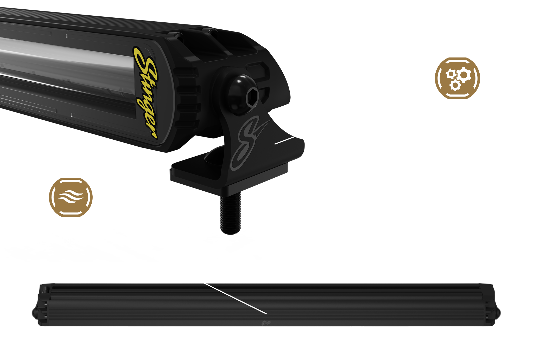 Stinger LED light bar with mounting bracket and gear and airflow icons
