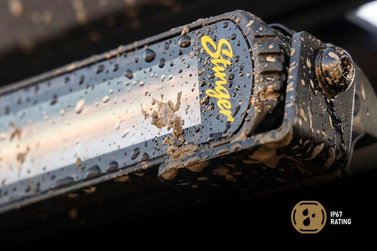 Stinger LED light bar covered in mud and water droplets with IP67 rating icon