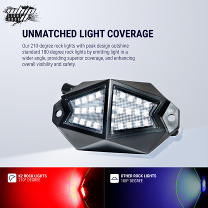 K2 210° Wide-Angle RGB Rock Lights – Bluetooth Control, 300+ Colors